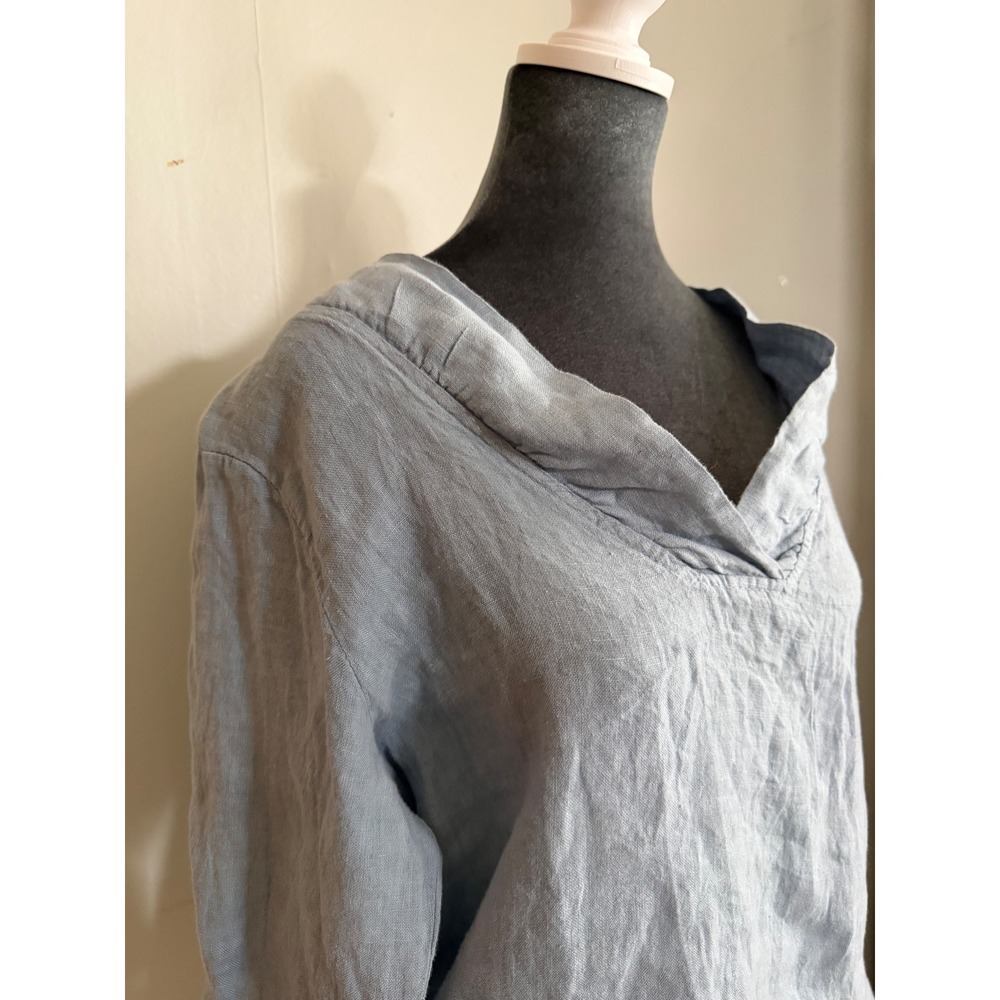 Gigi Moda Italy Blue Linen V-Neck Tunic Top Long Sleeve Lagenlook coastal beachy - Picture 3 of 10